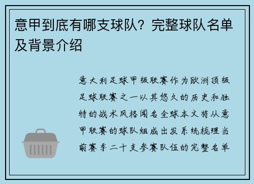 意甲到底有哪支球队？完整球队名单及背景介绍
